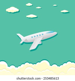 vector airplane icon. airplane fly in blue cloud sky