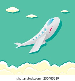 vector airplane icon. airplane fly in blue cloud sky