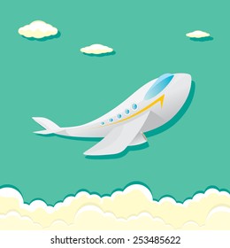 vector airplane icon. airplane fly in blue cloud sky