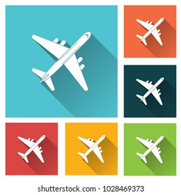 A vector airplane icon, top view. Long shadow. Vector illustration.