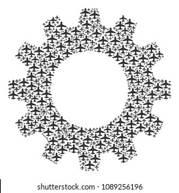 Vector airplane icons are organized into gear wheel illustration. Mechanical design concept constructed with airplane objects.