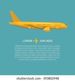 Vector airplane illustration in flat style. Isolated flying jet background. Civil and Cargo aviation poster design concept with text. 