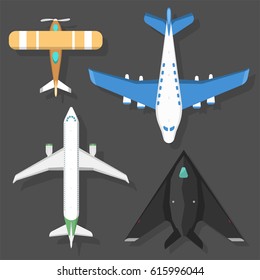 Vector airplane illustration top view and aircraft transportation travel way design journey object.