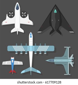 Vector airplane illustration top view and aircraft transportation travel way design journey object.