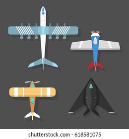 Vector airplane illustration top view and aircraft transportation travel way design journey object.