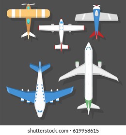 Vector airplane illustration top view and aircraft transportation travel way design journey object.