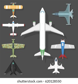 Vector airplane illustration top view and aircraft transportation travel way design journey object.