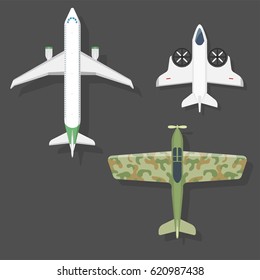 Vector airplane illustration top view and aircraft transportation travel way design journey object.