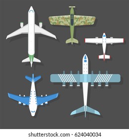 Vector airplane illustration top view and aircraft transportation travel way design journey object.