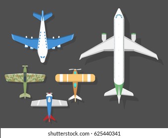 Vector airplane illustration top view and aircraft transportation travel way design journey object.