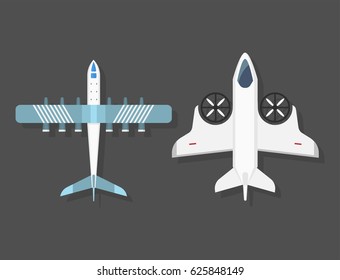 Vector airplane illustration top view and aircraft transportation travel way design journey object.