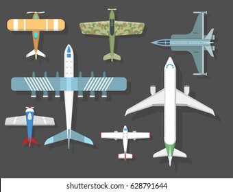 Vector airplane illustration top view and aircraft transportation travel way design journey object.