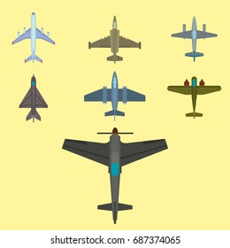 Vector airplane illustration top view and aircraft transportation travel way design journey object.