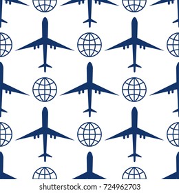 Vector airplane illustration top view and aircraft transportation travel way design journey seamless pattern.