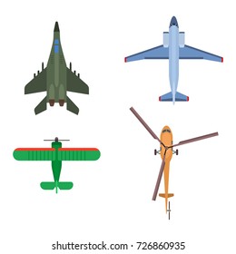 Vector airplane illustration top view and aircraft transportation travel way design journey object.