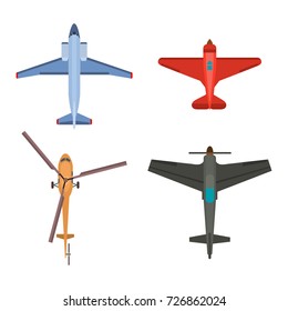 Vector airplane illustration top view and aircraft transportation travel way design journey object.