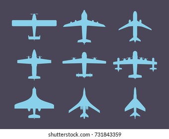 Vector airplane illustration top view and aircraft transportation travel way design journey object.