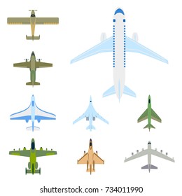 Vector airplane illustration top view and aircraft transportation travel way design journey object.