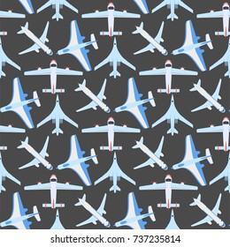 Vector airplane illustration top view and aircraft transportation travel way design journey seamless pattern.