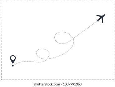 Vector airplane line path of air plane flight route with start point and dash line trace isolated on white. Vector.