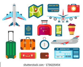 Vector airplane and luggage for summer vacation trip. Set of airport items: planes, airline tickets, laptop, map, passport, baggage. Flight elements for tourist. 