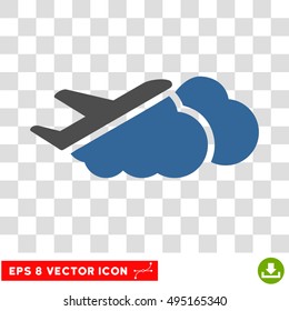 Vector Airplane Over Clouds EPS vector pictogram. Illustration style is flat iconic bicolor cobalt and gray symbol on a transparent background.