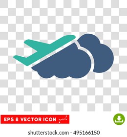 Vector Airplane Over Clouds EPS vector pictograph. Illustration style is flat iconic bicolor cobalt and cyan symbol on a transparent background.