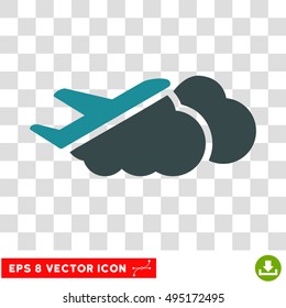 Vector Airplane Over Clouds EPS vector icon. Illustration style is flat iconic bicolor soft blue symbol on a transparent background.