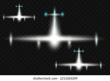 Vector airplane, plane glare, travel concept, light flares shining on a dark transparent background, isolated image.