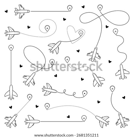 Vector airplane routes set, various plane paths shapes collection, flight tracking lines with destinations. Black outline and dotted signs, aircraft trips in many variations
