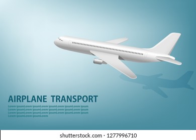 vector of airplane side view and shadow flying on blue gradient background 