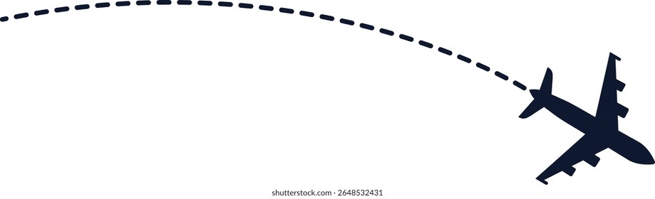 Vector airplane silhouette with arched dashed trail showing flight path, perfect for travel, aviation, or global logistics themes in minimal modern air transport graphic design.