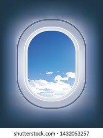 Vector Airplane Window. Airplain Illuminator And Sky