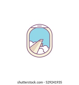 Vector airplane window porthole icon. Wing and clouds illustration