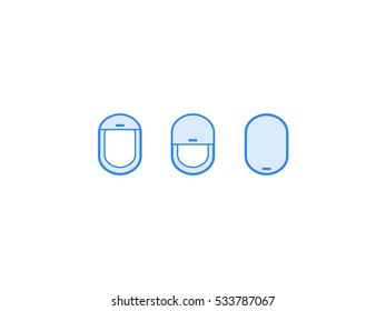 Vector airplane window view icon. Wing in sky. Transportation holiday vacation design