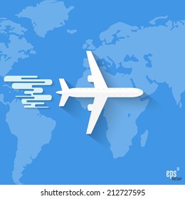 Vector Airplane with World travel Map background.