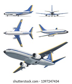 Vector airplane with yellow and blue stripes on white background. Airplane in top, side, back, front and bottom view. Vector aircraft illustration.