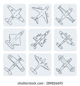 Vector airplanes thin outline icon set