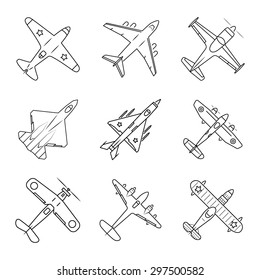 Vector airplanes thin outline icon set