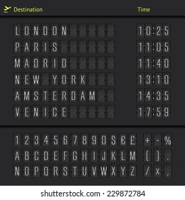 Vector Airport Board Isolated. Mechanical Flip Airport Scoreboard. Black Airport And Railway Timetable Departure Or Arrival. Analog Airport Board Font On Dark Background. Destination Airline Board Abc