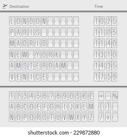 Vector airport board isolated. Mechanical flip airport scoreboard. White airport and railway timetable departure or arrival. Analog airport board font on dark background. Destination board abc