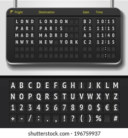 Vector airport board isolated. Realistic flip airport scoreboard template. Black 3d airport timetable with departure or arrival. Analog airport board font on dark background. Destination airline board