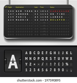 Vector airport board isolated. Realistic flip scoreboard airport template. Black 3d airport board with alphabet and numbers. Analog airport board font on dark background. Destination airline timetable