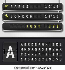 Vector airport board isolated. Realistic flip information board airport template. Arrival airport board alphabet and numbers. Analog airport timetable font. Destination airline board shows flight time