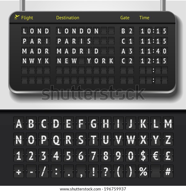 Vector airport board isolated. Realistic flip\
airport scoreboard template. Black 3d airport timetable with\
departure or arrival. Analog airport board font on dark background.\
Destination airline\
board