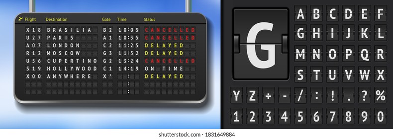 Vector airport board. Realistic flip airport scoreboard template. Black 3d airport timetable with departure or arrival. Analog airport board font on dark background. Destination airline board