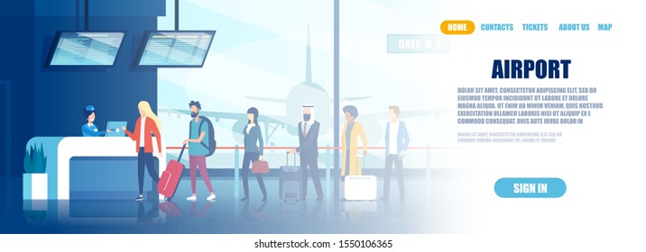 Vector of an airport check in desk and group of international passengers standing in queue 