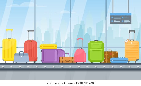 Vector Airport Conveyor Belt With Passenger Luggage Bag, Suitcase, Information Panels. Luggage Carousel And Baggage Scan In Flat Style. Terminal Hall Illustration For Travel, Holiday, Flight Concept.