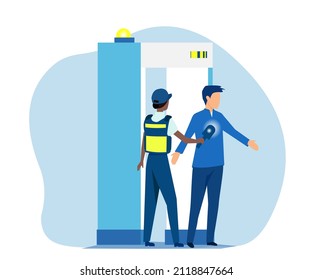 Vector of an airport female security guard checking passenger with metal detector and scanner.