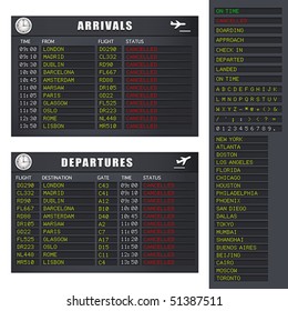 Vector Airport flight information board showing cancelled flights. JPG and TIFF image versions of this vector illustration are also available in my portfolio.